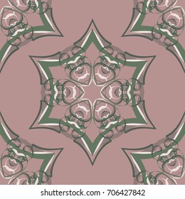 Seamless pattern. Abstraction. Fantastic colored snowflakes arranged in diagonal rows. Wallpaper for backgrounds on sites, desktops. Drawing for children's and women's textiles. Brown-green-white.