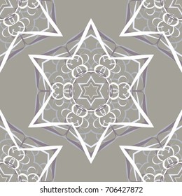 Seamless pattern. Abstraction. Fantastic colored snowflakes arranged in diagonal rows. Wallpaper for backgrounds on sites, desktops. Drawing for children's and women's textiles. Gray-white colors.