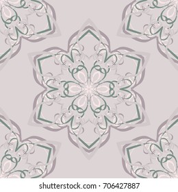 Seamless pattern. Abstraction. Fantastic colored snowflakes arranged in diagonal rows. Wallpaper for backgrounds on sites, desktops. Drawing for children's and women's textiles. Gray-green gamma.