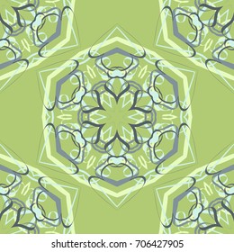 Seamless pattern. Abstraction. Fantastic colored snowflakes arranged in diagonal rows. Wallpaper for backgrounds on sites, desktops. Drawing for children's and women's textiles. Khaki-gray gamma.