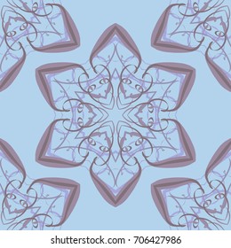 Seamless pattern. Abstraction. Fantastic colored snowflakes arranged in diagonal rows. Wallpaper for backgrounds on sites, desktops. Drawing for children's and women's textiles. Blue-brown gamma.