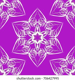 Seamless pattern. Abstraction. Fantastic colored snowflakes arranged in diagonal rows. Wallpaper for backgrounds on sites, desktops. Drawing for children's and women's textiles. Pink, gray, white.