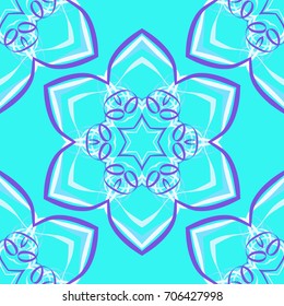 Seamless pattern. Abstraction. Fantastic colored snowflakes arranged in diagonal rows. Wallpaper for backgrounds on sites, desktops. Drawing for children's and women's textiles. Blue, purple, white.