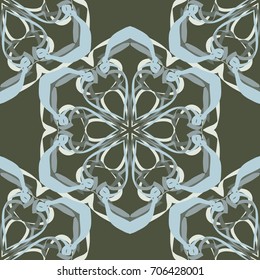 Seamless pattern. Abstraction. Fantastic colored snowflakes arranged in diagonal rows. Wallpaper for backgrounds on sites, desktops. Drawing for children's and women's textiles. Khaki-blue.