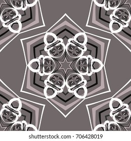 Seamless pattern. Abstraction. Fantastic colored snowflakes arranged in diagonal rows. Wallpaper for backgrounds on sites, desktops. Drawing for children's and women's textiles. Gray-white-black.
