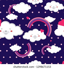 Seamless pattern abstraction funny clouds on a blue background with hearts in a rainbow of baby clothes abstraction of print fabric vector