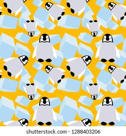Seamless pattern. Abstraction. Penguins on the ice floe. Yellow background. The background. Children's pattern