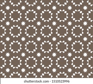 Seamless pattern abstraction of polygonal shapes arranged in a circle interspersed with eight star symbols. Geometric monochrome abstract backgrounds suitable for fabric and tile motifs.