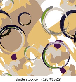 Seamless pattern. An abstraction. Spots and rings. Khaki art spots. Bright contrast picture.Pastel colors. Abstract pattern of circles. Chaotic brush strokes. Picturesque style.Packaging, fabric