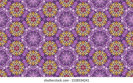 Seamless pattern. Abstraction. Stylized flowers. Cellular order. Six-sided elements. Violet, yellow, red, blue, cyan, black.