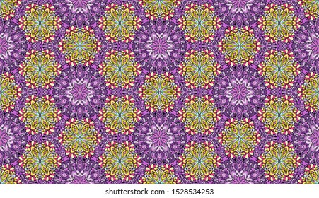 Seamless pattern. Abstraction. Stylized flowers. Cellular order. Six-sided elements. Violet, yellow, red, blue, cyan, black.