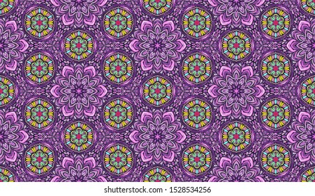 Seamless pattern. Abstraction. Stylized flowers. Cellular order. Six-sided elements. Violet, yellow, red, blue, cyan, black.