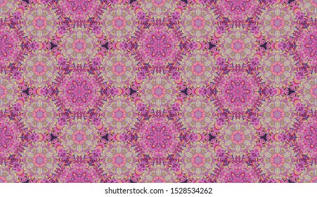 Seamless pattern. Abstraction. Stylized flowers. Cellular order. Six-sided elements. Yellow, red, black, cyan.