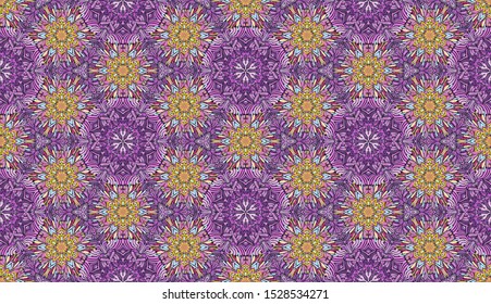Seamless pattern. Abstraction. Stylized flowers. Cellular order. Six-sided elements. Violet, yellow, red, blue, cyan, black.