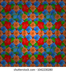 Seamless pattern of abstrat cosmos flowers in green, blue and orange colors. Vintage style. Stock vector illustration.