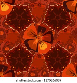 Seamless pattern of abstrat cosmos flowers in red, orange and brown colors. Vintage style. Stock vector illustration.