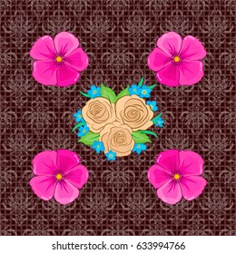 Seamless pattern of abstrat cosmos flowers on a brown background. Vintage style. Stock vector illustration.