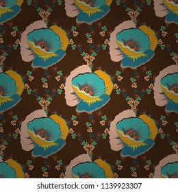 Seamless pattern of abstrat flowers in beige, brown and blue colors. Vintage style. Stock vector illustration.