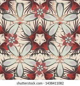 Seamless pattern of abstrat flowers in beige, gray and brown colors. Stock vector illustration. Vintage style.