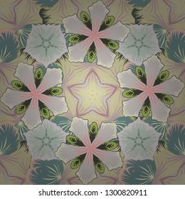 Seamless pattern of abstrat flowers in gray, beige and green colors. Stock vector illustration. Vintage style.