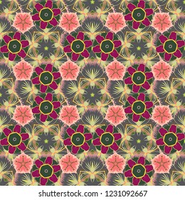 Seamless pattern of abstrat flowers in green, gray and pink colors. Stock vector illustration. Vintage style.