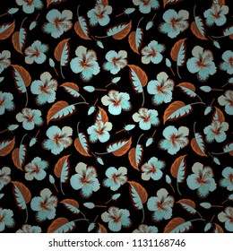 Seamless pattern of abstrat hibiscus flowers in brown and black colors. Vintage style. Stock vector illustration.