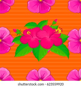 Seamless pattern of abstrat hibiscus flowers on a orange background. Vintage style. Stock vector illustration.