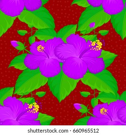 Seamless pattern of abstrat hibiscus flowers on a red background. Vintage style. Stock vector illustration.