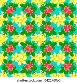 Seamless pattern of abstrat plumeria flowers on a blue background. Vintage style. Stock vector illustration.