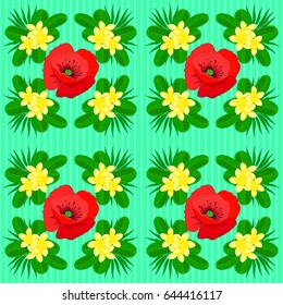 Seamless pattern of abstrat poppy flowers on a green background. Vintage style. Stock vector illustration.