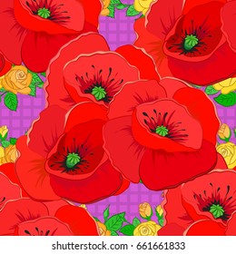 Seamless pattern of abstrat poppy flowers on a violet background. Vintage style. Stock vector illustration.