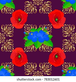 Seamless pattern of abstrat poppy flowers in red, green and purple colors. Vintage style. Stock vector illustration.