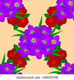 Seamless pattern of abstrat primula flowers on a beige background. Vintage style. Stock vector illustration.