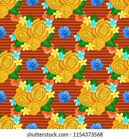 Seamless pattern of abstrat rose flowers and green leaves in yellow, blue and orange colors. Vintage style. Stock vector illustration.
