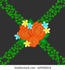 Seamless pattern of abstrat rose flowers and green leaves on a gray background. Vintage style. Stock vector illustration.