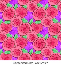 Seamless pattern of abstrat rose flowers and green leaves on a green background. Vintage style. Stock vector illustration.