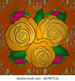 Seamless pattern of abstrat rose flowers and green leaves on a orange background. Vintage style. Stock vector illustration.