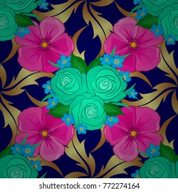 Seamless pattern of abstrat rose flowers and green leaves in blue and magenta colors. Vintage style. Stock vector illustration.