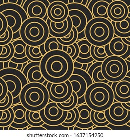 Seamless pattern of abtract outline stacked circle in gold on top of dark background