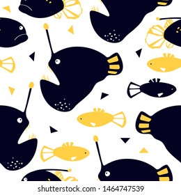 Seamless pattern with abyssal sea animal - angler fish. Cute cartoon character. 