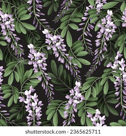 Seamless pattern with acacia flowers and leaves. Vector