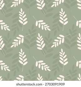 Seamless pattern with Acacia leaves. Creamy beige leaf silhouettes. Pastel background for fabric, wallpaper, wrapping paper, and bedding. Vector illustration