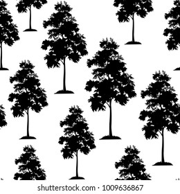 Seamless Pattern, Acacia Tree, Black Silhouette Isolated on Tile White Background. Vector