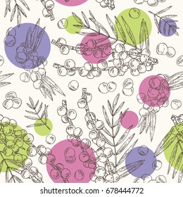 Seamless pattern with acai berries and palm. Superfood. Vector hand drawn illustration.