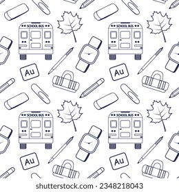 Seamless pattern with accessories back to school: maple; pen, pencil, paper clip, binder clip, eraser, wrist watch, bus school, aurum sign, Isolated on white background. Dark blue color.