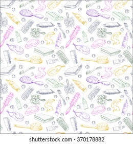  Seamless  pattern with accessories for a bathroom drawn by hand. Background in vector.