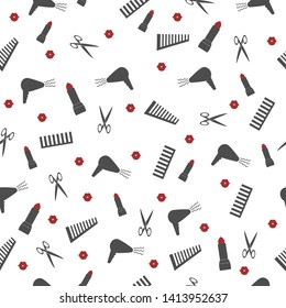 seamless pattern with accessories for a beauty salon barber shop with lipstick and lips a comb a hair dryer and scissors on a white background