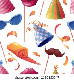 Seamless pattern with accessories, confetti, party hat. Background with festive items for birthday. Festive texture for wrapping paper, cards, fabric, wallpaper.
