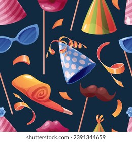 Seamless pattern with accessories, confetti, party hat. Background with festive items for birthday. Festive texture for wrapping paper, cards, fabric, wallpaper.
