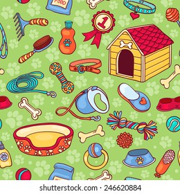 Seamless pattern with accessories for dogs. Vector cartoon background.